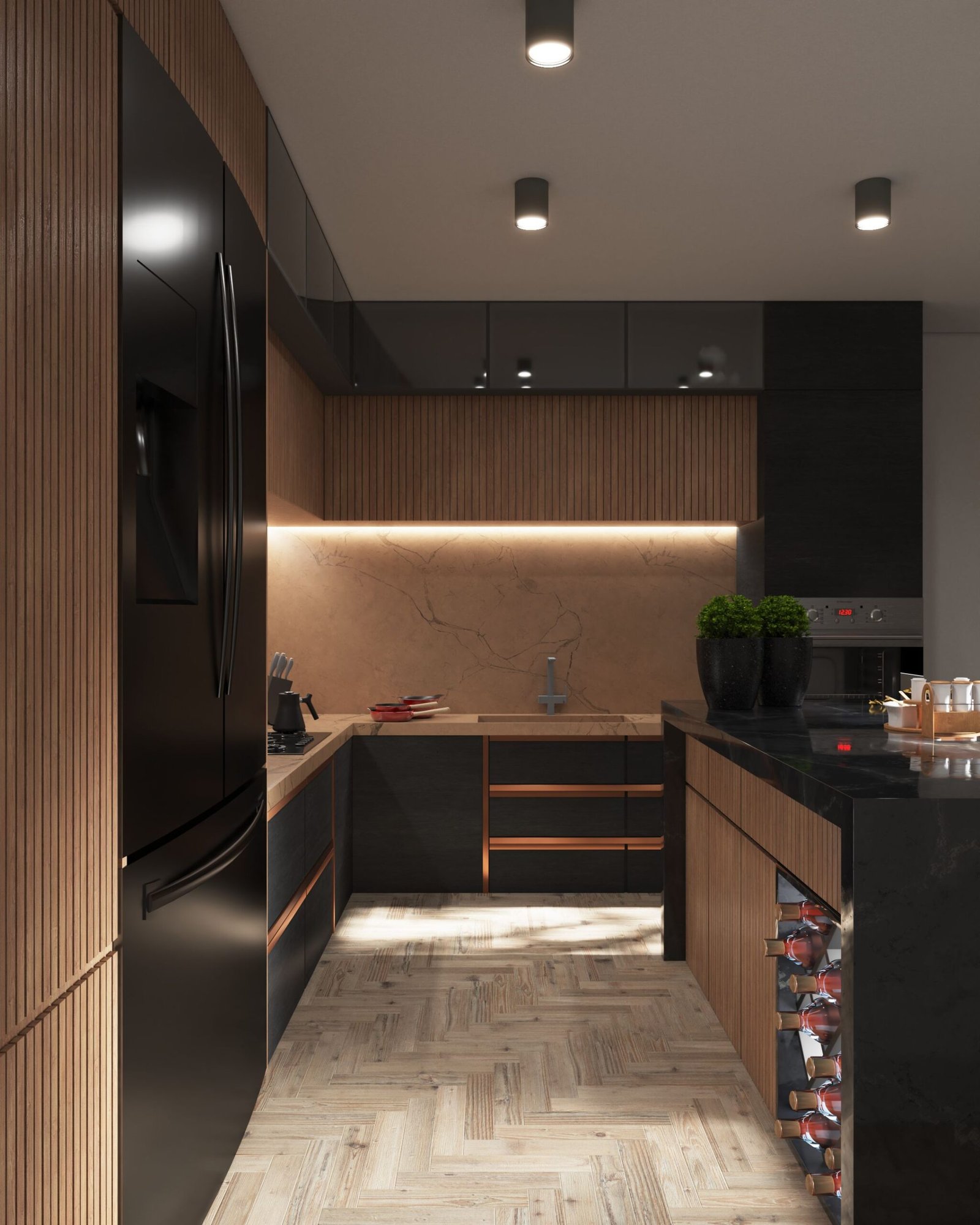 Contemporary interior design with refined materials and lighting